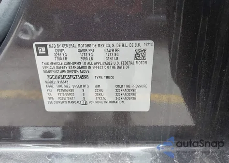 2015 Chevrolet Silverado 1500 1Lz from USA, damaged, VIN 3GCUKSEC5FG234598